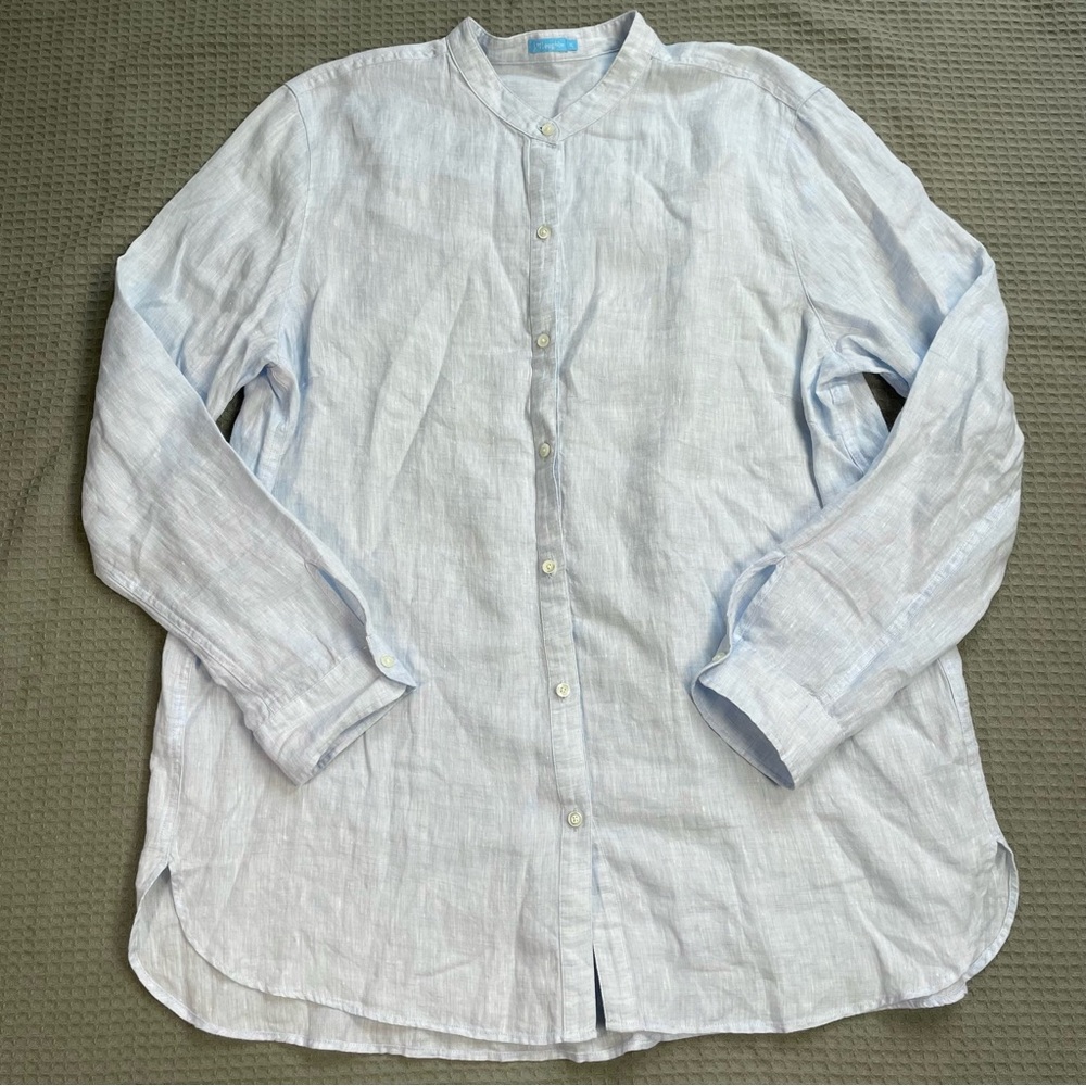 J.McLaughlin 100% Linen Tunic Blouse Shirt XL Collarless Light Blue Lagenlook